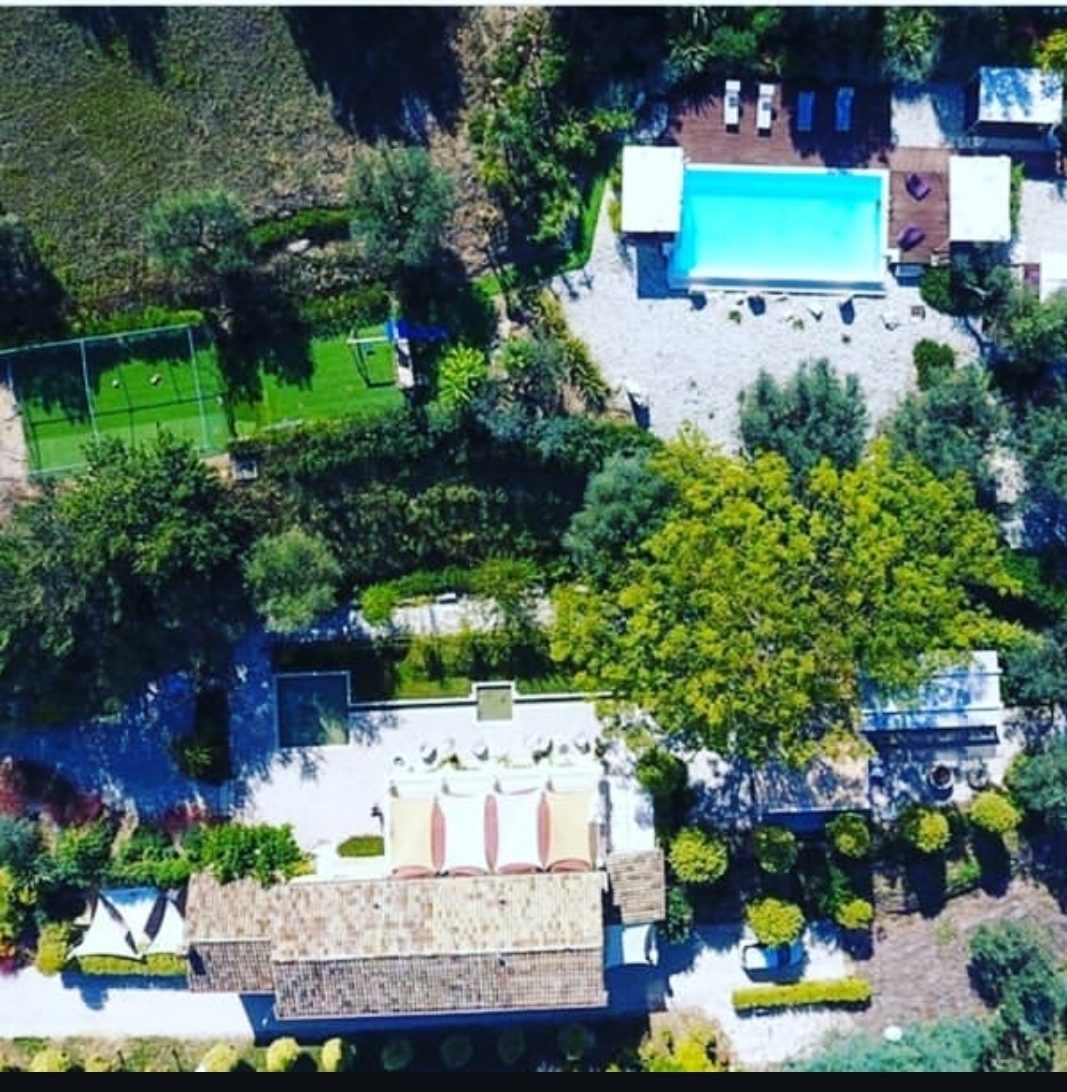 Aerial view of the villa, pool and gardens